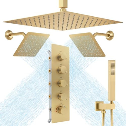 Thermostatic Shower System Three Shower Heads with 16" Ceiling Mounted Rain Shower Head & 2 x 6" Wall Mounted Head 4 Function Shower System Can All Run Together, Brushed Gold - color: Brushed Gold