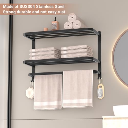 23 Inch 3-Tier Black Towel Racks for Bathroom with Towel Bars Multilayer Hotel Towel Shelf Stainless Steel Wall-Mounted Matte Finished Holder with Towel Shelves - color: Black 3tier