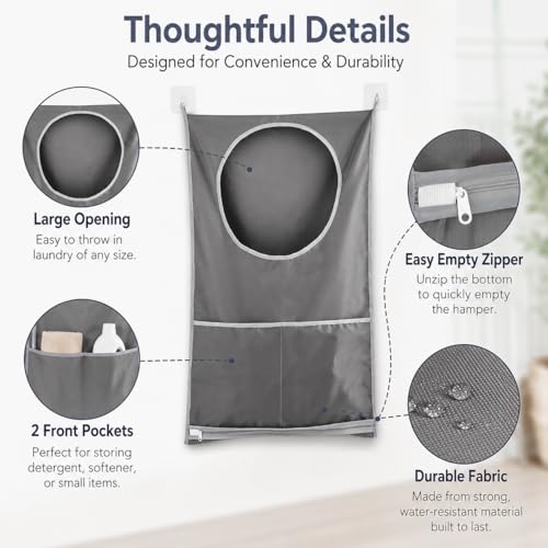 Hanging Laundry Hamper Bag with Over Door Hooks & Adhesive Hooks,Wall Mount Dirty Clothes Storage Basket with Bottom Zipper,Waterproof Oxford Fabric Door Hanging Laundry Bag for Towels Toys Blankets S