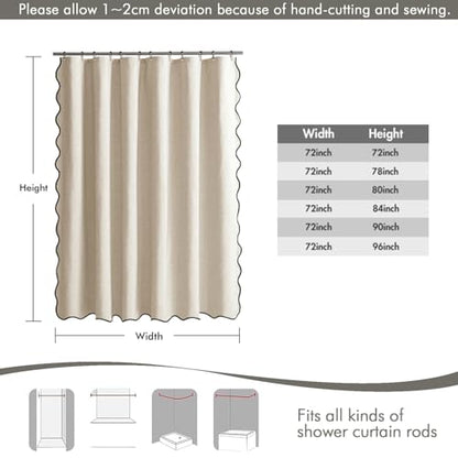 MIULEE Beige Scalloped Shower Curtain Linen Textured with 12 Metal Hooks Cute Heavy Duty Washable Waterproof Neutral Thick Cloth Shower Curtains with Black Border for Bathroom Bathtub,W72*L72 Cream | Linen Textured, Waterproof, Washable, 12 Metal Hooks, H