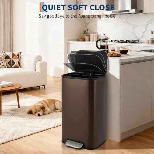 GarveeHome 8 Gal Kitchen Trash Can, Stainless Steel Garbage Can, Brown | Soft Close Lid, Hands-Free Foot Pedal, Removable Inner Bucket, Rectangular Step On Waste Bin for Home Office Living Room - color: Brown, size: 30 L