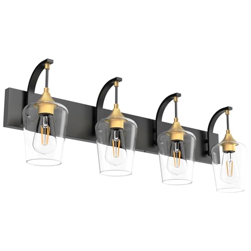 Ralbay Black/Gold Bathroom Vanity Light 4-Lights Industrial Black Vanity Lights Clear Glass Vintage Edison Wall Mount Light Fixtures for Bathroom - color: Black&Gold, size: 33 inch