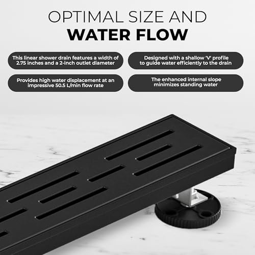 24 Inch Linear Shower Drain - Removable Brick Pattern Grate | 304 Stainless Steel Rectangular Floor Drain Set with Hair Catcher, Adjustable Leveling Feet & Adapter - color: Matte Black With Grate, size: 24 Inch