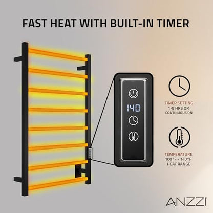 ANZZI Bell 8-Bar Wall Mounted Towel Warmer in Matte Black, Energy Efficient 80W Electric Plug in Heated Towel Rack for Bathroom, Steel Towel Heater Rail On/Off Switch Drying Rack, TW-AZ026MBK - color: Black