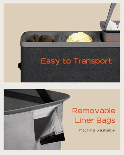 CASAMAYA Laundry Basket with Lid, Laundry Hamper 3 Section, 190L collapsible Laundry Organizer, Easy Assembly,with Handles and Removable Liners, 25.2 x 15.7 x 29.5 Inches, Black JSP904B - color: Black, size: 190L(3-Section)