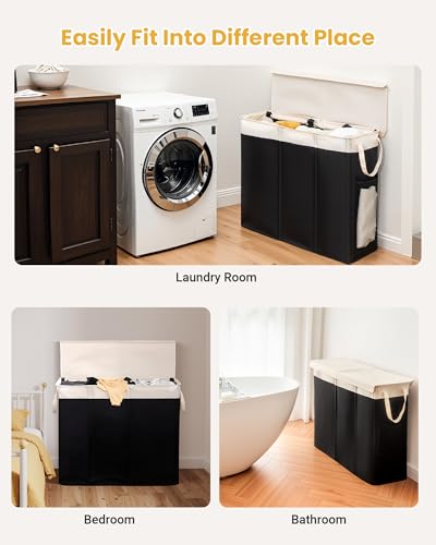 190L Laundry Hamper with Lid, Large Laundry Basket with Lid and 3 Section, Sturdy Laundry Baskets with 3 Removable Bags (L M S), Dirty Clothes Hamper Organizer for Laundry Room, Bedroom and Dorm Room