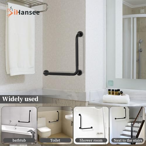 Black Angled Grab Bar 16x16 Inch, Stainless Steel Bathroom Grab Bar w/Anti-Slip Knurled Grip, Wall Mounted Bathtub Toilet Safety Handrail for Elderly Senior, L-Shaped Grab Bar for Shower | Black Bathroom Grab Bar for Senior Elderly, Stainless Steel Handic
