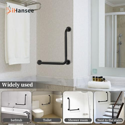 Black Angled Grab Bar 16x16 Inch, Stainless Steel Bathroom Grab Bar w/Anti-Slip Knurled Grip, Wall Mounted Bathtub Toilet Safety Handrail for Elderly Senior, L-Shaped Grab Bar for Shower | Black Bathroom Grab Bar for Senior Elderly, Stainless Steel Handic