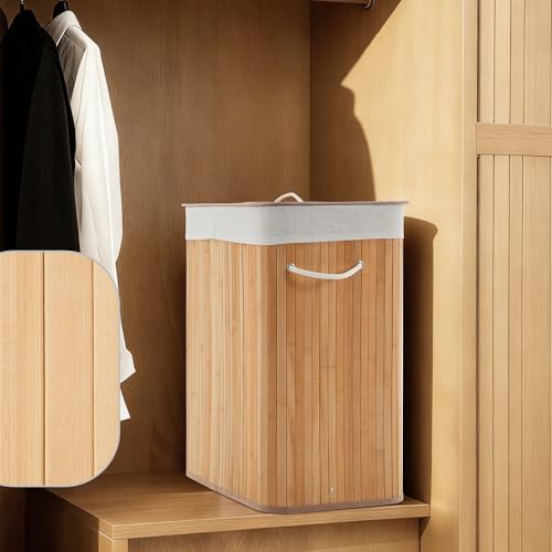 GarveeHome Folding Bamboo Laundry Hamper with Lid, 28 Gal / 106L Wooden Laundry Basket with Washable Liner Bag, Slim Clothes Storage Hamper for Small Bedrooms Apartments Dorms, Natural - color: Carbonized - Rectangle