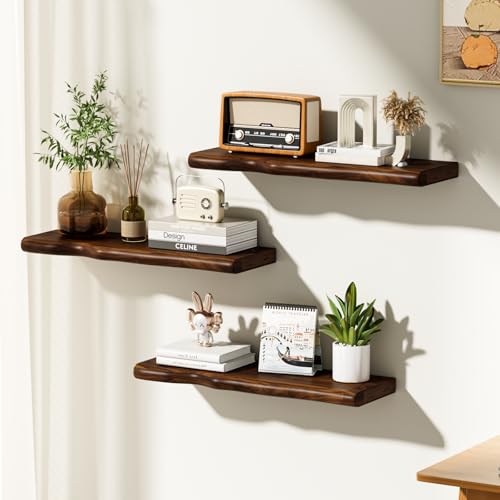Solid Wood Live Edge Floating Shelves Set of 2 – 24" Rustic Wall Shelf with Hidden Bracket System, Wall Mounted Shelves for Bathroom, Kitchen, Living Room, Bedroom (Walnut) - color: Walnut, size: 24inch