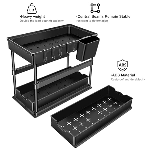 JPart Under Sink Organizer, Kitchen Organizers and Storage, 2-Tier Bathroom Cabinet Organizer with Sliding Drawers, Thickened Construction with Hooks Hanging Cup for Kitchen & Bathroom, 2 Pack