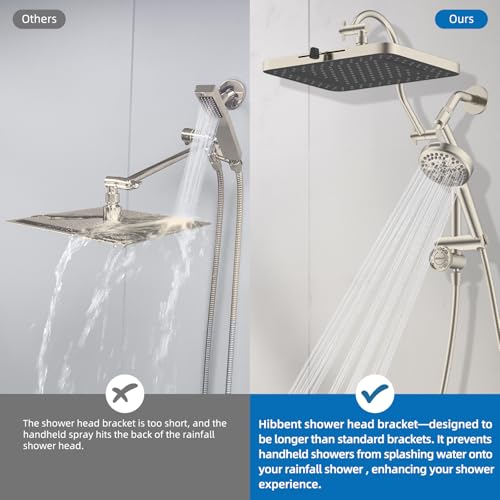 Hibbent cUPC Certified High Pressue 13'' Rainfall Shower Head with 5-Spray | Shower Heads with Handheld 10-Spray Combo, All Metal Easy Reach 4-way Diverter Arm, 71'' Hose & Holder, Brushed Nickel - color: Brushed Nickel, style: Square 13"