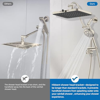 Hibbent cUPC Certified High Pressue 13'' Rainfall Shower Head with 5-Spray | Shower Heads with Handheld 10-Spray Combo, All Metal Easy Reach 4-way Diverter Arm, 71'' Hose & Holder, Brushed Nickel - color: Brushed Nickel, style: Square 13"