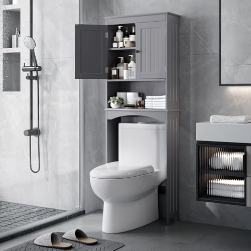 Bealife Over The Toilet Storage Cabinet with Open Shelf - Grey | Over Toilet Bathroom Organizer with Adjustable Shelf and Double Doors, Space Saver Free Standing Storage Shelf for Bathroom - color: Grey