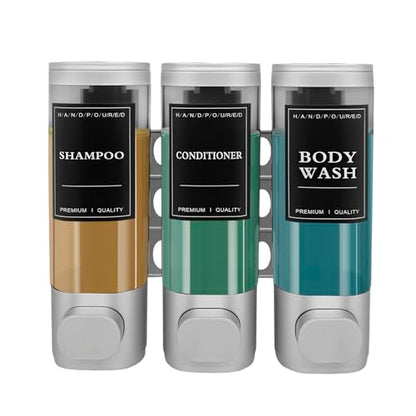 3-Chamber Wall Mount Shower Dispenser - No-Drill Adhesive or Drill Mount - Refillable Shampoo, Conditioner & Body Wash Dispenser for Home, RV & Hotel - Eco-Friendly & Compact (Silver) - color: Silver
