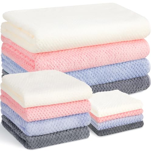 Preboun 4 Sets Bath Towels and Washcloths for Bathroom,Multicolor | 12 Pcs Microfiber Quick Dry Coral Fleece Highly Absorbent for College Dorm Beach Pool Spa Fitness Sports Shower Travel Hotel - color: Multicolor