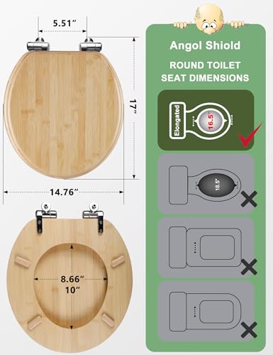 Angol Shiold ROUND Bamboo Wood Toilet Seat Soft Close 16.5Inch | Zinc Alloy Strong Hinges, Light, Easy to Install & Clean, Up to 400 lbs (Round 16.5", Natural Bamboo) - color: Soft Close, size: Round -16.5"