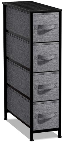 Sorbus Narrow Dresser with 4 Drawers - Vertical Slim Storage Chest of Drawers with Steel Frame, Wood Top & Easy Pull Fabric Bins for Small Spaces, Closets, Bedroom, Bathroom & Laundry (Black/Charcoal) - color: Black/Charcoal, style: 4 Drawer
