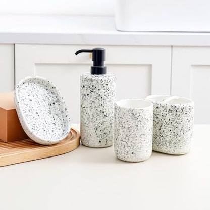 Bathroom Accessories Set 4 Pcs - Featuring Unique Ink-Splattered Design - Ceramic Bathroom Accessory Sets Contain Toothbrush Cup, Soap Dispenser, Soap Dish, Tumbler (White)