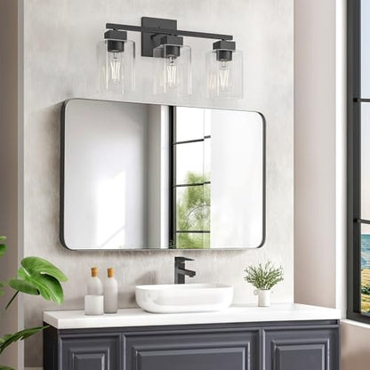 Matte Black Bathroom Vanity Light, 3-Light Vanity Lighting fixtures Over Mirror, Square Design & UL Certification, Wall Sconces with Clear Glass Shades, E26 Socket (Bulbs Not Included) - color: Black, size: 3 Light