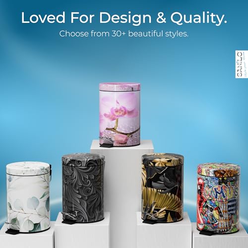 Sanilo Small Bathroom Trash Can with Lid [1.3 Gallon] - Lidded Tiny Trashcan for Garbage - Mini Metal Bin with Soft Closing Mechanism - Bath Room Accessoire Wastebin with Inner Bucket (Blooming) - color: Blooming
