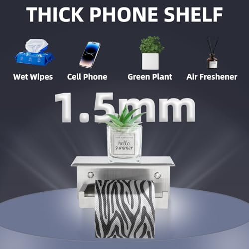 Toilet Roll Holder with Shelf, Brushed Nickel, 304 Stainless Steel | Phone & Small-Item Storage, Clean Modern Look, Guest Bathroom & Powder Room Use, Concealed Screw Mounting - color: Brushed Nickel, size: Single Rod