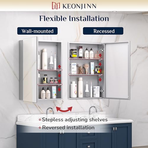 Keonjinn 40 x 32 Inch Large Medicine Cabinet for Bathroom, Silver Lightweight Combined Double Doors Mirrored Cabinet, Assembly Needed, Recessed or Wall Mount, Flexiable Ample Storage, Soft Closing | Assembly Needed, Lightweight Combined Double Doors, Rece