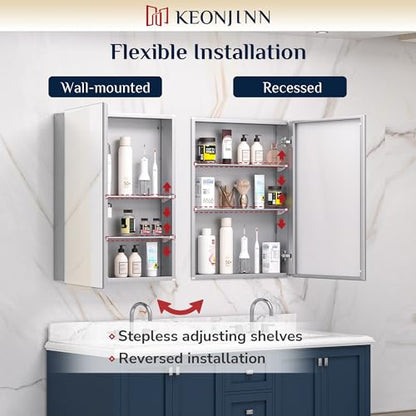 Keonjinn 40 x 32 Inch Large Medicine Cabinet for Bathroom, Silver Lightweight Combined Double Doors Mirrored Cabinet, Assembly Needed, Recessed or Wall Mount, Flexiable Ample Storage, Soft Closing | Assembly Needed, Lightweight Combined Double Doors, Rece