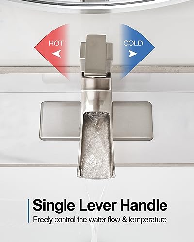 Waterfall Bathroom Sink Faucet, Brass Brushed Nickel Bathroom Faucet One Handle, 4 Inch Single Hole or 3 Holes with Pop-Up Drain, Supply Hoses & Deck Plate for Vanity Lavatory RV, 5 Mins Install - color: Brushed Nickel