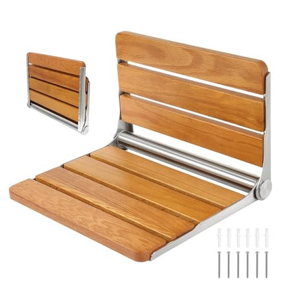 Folding Shower Seat Wall Mounted Shower Bench Teak Folding Shower Chair Wood Seat 316 Stainless Steel Frame Fold Down Shower Seat 600 lbs,1 Pack - color: Teak Wood