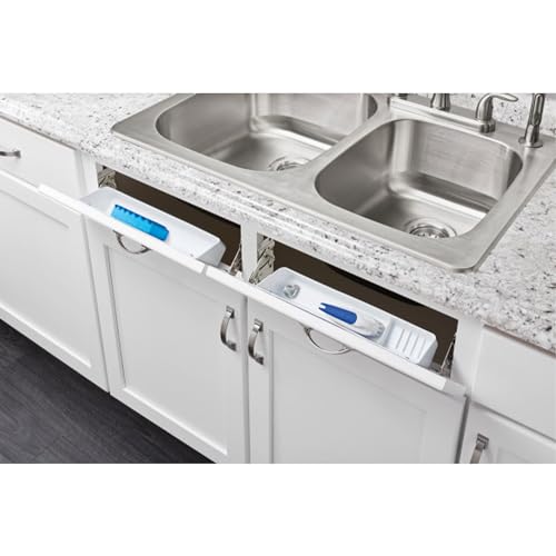 Rev-A-Shelf 11" Tip-Out Plastic Sink Trays for Kitchen and Bathroom Base Cabinet, Pack of 2 Pullout Vanity Shelf Home Organizer, White, 6572-11-11-52 - size: 11" x 2.1" x 3.8"