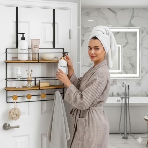 Over-the-Door Shower Caddy, Large 2-Tier Wooden Hanging Shower Shelves