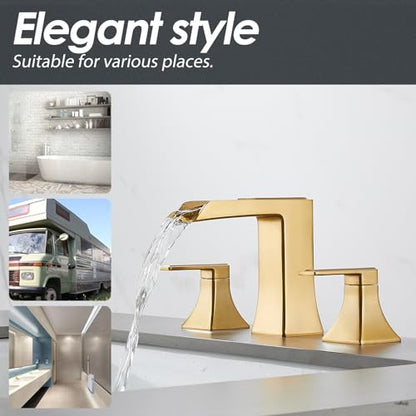 Brushed Gold Waterfall Bathroom Faucet, Sanliv 2-Handle Widespread Bathroom Faucet for 3-Hole Sinks 4-8 inch, Modern Vanity Faucets with Pop Up Drain, Champagne Bronze - color: Brushed Gold