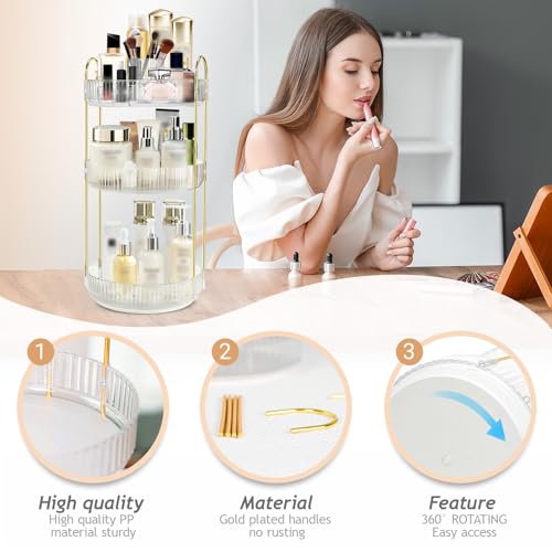 Rotating Makeup Organizer for Vanity, 9" D x 19" H, 3-Tier (White) | 360° Spinning, High-Capacity, Clear Trays, Gold Frame, for Vanity Countertop, Bathroom, Skincare, Perfume - color: New-white