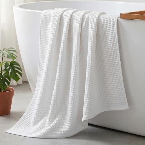 Vie Triomphe Waffle Weave Cotton Bath Towel 70x140cm, Textured Grid Pattern White, Lightweight Absorbent Quick Dry