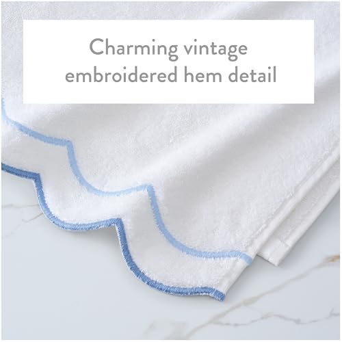 Peri Home 2 Piece Cotton Bath Towel Set, Embroidered, White, Blue Scallop - color: White With Blue Scallop, size: 2 Bath Towel