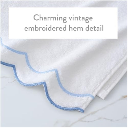 Peri Home 2 Piece Cotton Bath Towel Set, Embroidered, White, Blue Scallop - color: White With Blue Scallop, size: 2 Bath Towel