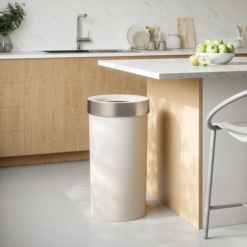 Umbra Vento Kitchen Trash Can, Open Top Bin, 16.5 Gallon, Sand/Nickel | Brushed metal accents, bag concealing design, easy wipe clean, fits home and office, durable plastic - color: Sand/Nickel