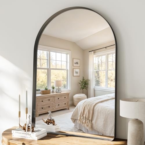 Arched Bathroom Mirror, 36"x48" Black Vanity Mirror, Tempered Glass, Large Deep Metal Frame Arch Wall Mounted Mirrors for Decor, Over Sink, Farmhouse, Bedroom, Entryway, Living Room, Shatterproof - color: Black-rounded Corner, size: 48"L x 36"W