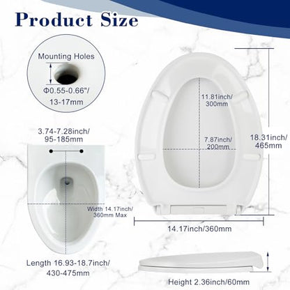 Quiet-Close Elongated Toilet Seat, Heavy Duty Toilet Seat Cover Comfort Non-Slip Seat Toilet Lid Bumpers Quick Release Hinges, Easy to Install & Clean, White