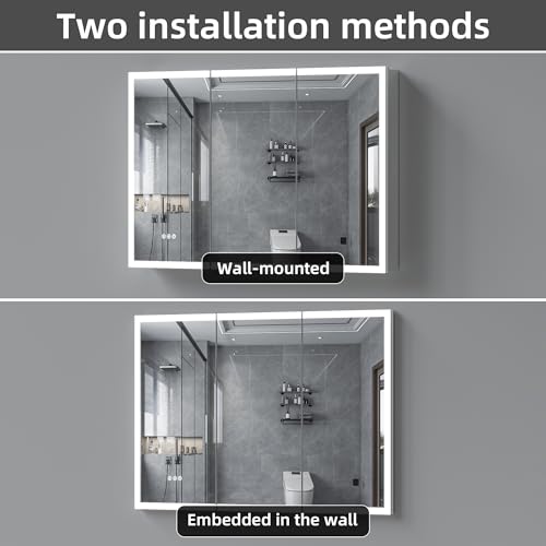 48x32" Wall-Mounted LED Bathroom Medicine Cabinet with Outlets, Anti-Fog | Surface-Mount/Recessed, Double-Sided Mirror Cabinet, 3 Color Temp, DTC Silent-Close Hinges, Adjustable Tempered Glass Shelf - size: 48"Wx32"H