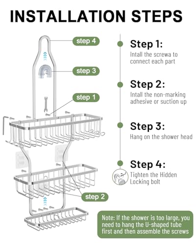 Shower Caddy Hanging - Never Rust Shower Hanging Organizer - Aluminum Over the ShowerHead Caddy with 6 Hooks for Razor/Sponge (Silver) - color: Silver