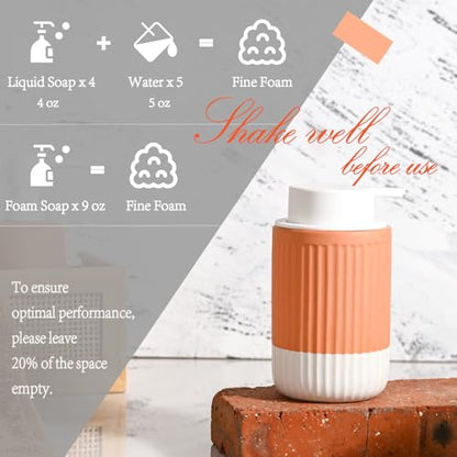 Hand Dipped Boho Ceramic Foam Dispenser, Terracotta White 12 oz | Two Tone Ceramic Design, Rippled Cylinder, Soft Touch Silicone Pump, Organic Boho Style, Elegant Bathroom Counter Accent - color: Orange,white 1 Pack