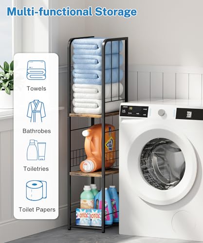 Narrow Towel Storage for Bathroom, 3-Tier Free Standing Bathroom Towel Rack Organizer with Shelf for Small Bath, Pool, Brown