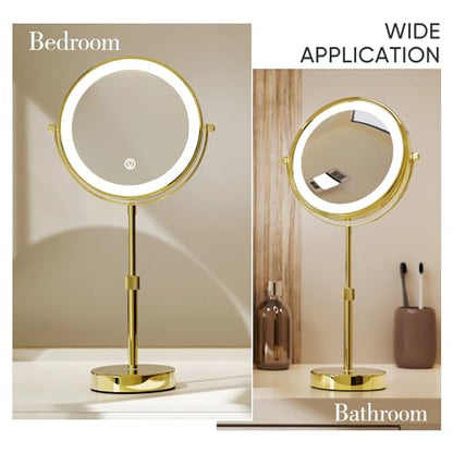 Nicesail 8" Rechargeable LED Magnifying Makeup Mirror, Shiny Gold 1X 10X | 3 Color Lights, 10X Magnification, Height Adjustable Stand up Lighted Magnifying Mirror, Double Sided 360° Rotation - color: Shiny Gold
