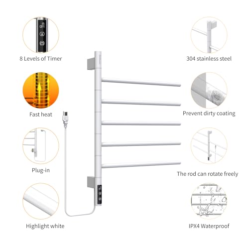 Z&Zhanle Heated Towel Racks for Bathroom - Warmers Rotating Electric Warmer with Built - in Timer, Hard-Wired/Plug-in,Whitek (White) - color: White