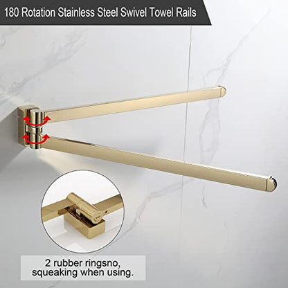 BGL Swivel Towel Bar Brushed Gold,Two Arms Wall Mount Towel Hanger Holder for Bathroom Organizer - color: Gold