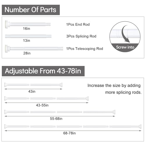 Thestoa White Shower Curtain Rod Adjustable 43-78 inch, 1"Diameter Spring Tension Curtain Rod No Drill, Anti-Rust Non-Slip Shower Rod, White Shower Rod for Bathroom Tension - color: White, size: 43"- 78"