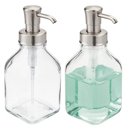 mDesign Square Glass Refillable Liquid Soap Dispenser Pump Bottle for Bathroom Vanity Countertop, Kitchen Sink - Holds Hand Soap, Dish Soap, Hand Sanitizer, Essential Oils - 2 Pack - Clear/Brushed - color: Clear/Brushed