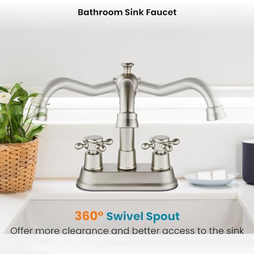 gotonovo 4 Inch Centerset Bathroom Faucet 2 Cross Handles Deck Mount 2 Hole Lavatory Vanity Utility Mixer Tap with Water Supply Hoses and Pop Up Drain RV Farmhouse, Brushed Nickel - color: Brushed Nickel